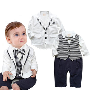 Gentleman Baby Boys Clothes Set Stripe Baby Rompers + White Coat 2pcs Baby Boy Clothing Party Wedding Formal Tuxedo Suits
