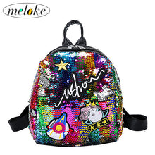 Meloke Mini Sequined Backpack with Cute embroidery backpacks for Women Girls Travelbag Bling Shiny Backpack School Backpack M163